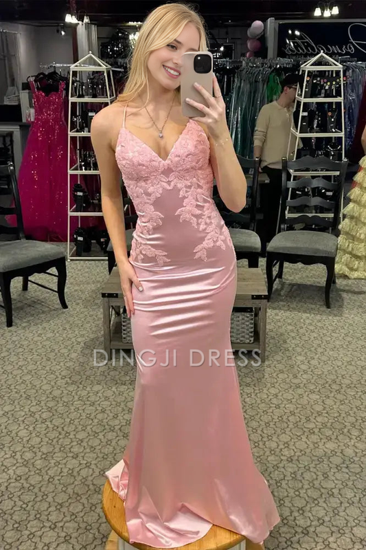 DingJiDress Formal Dress Fashion Mermaid V-Neck Spaghetti Straps Appliques Backless Sexy Prom Dress