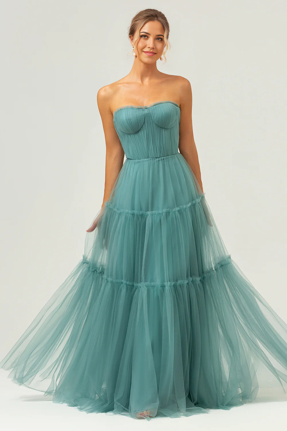 DingJiDress Elegant A Line Strapless Corset Tulle Long Eucalyptus Bridesmaid Dress