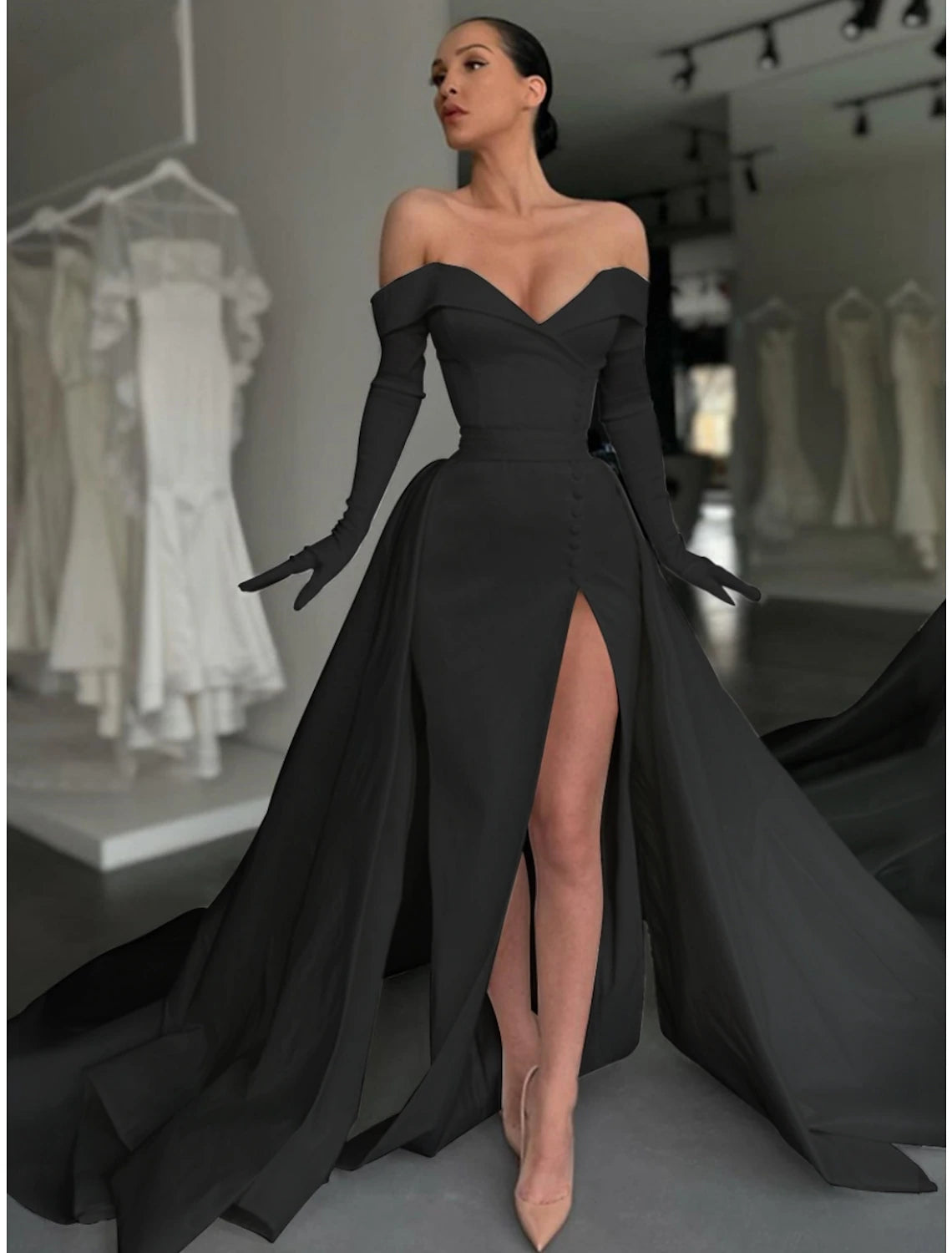 A-Line Evening Gown Elegant Dress Formal Court Train Long Sleeve Off Shoulder Satin with Buttons Pleats