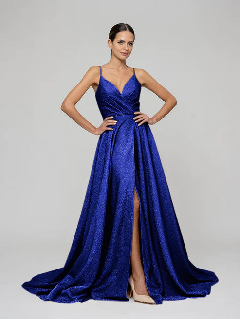 DingJiDress Sweep Train Metallic Glitter A Line Prom Dresses