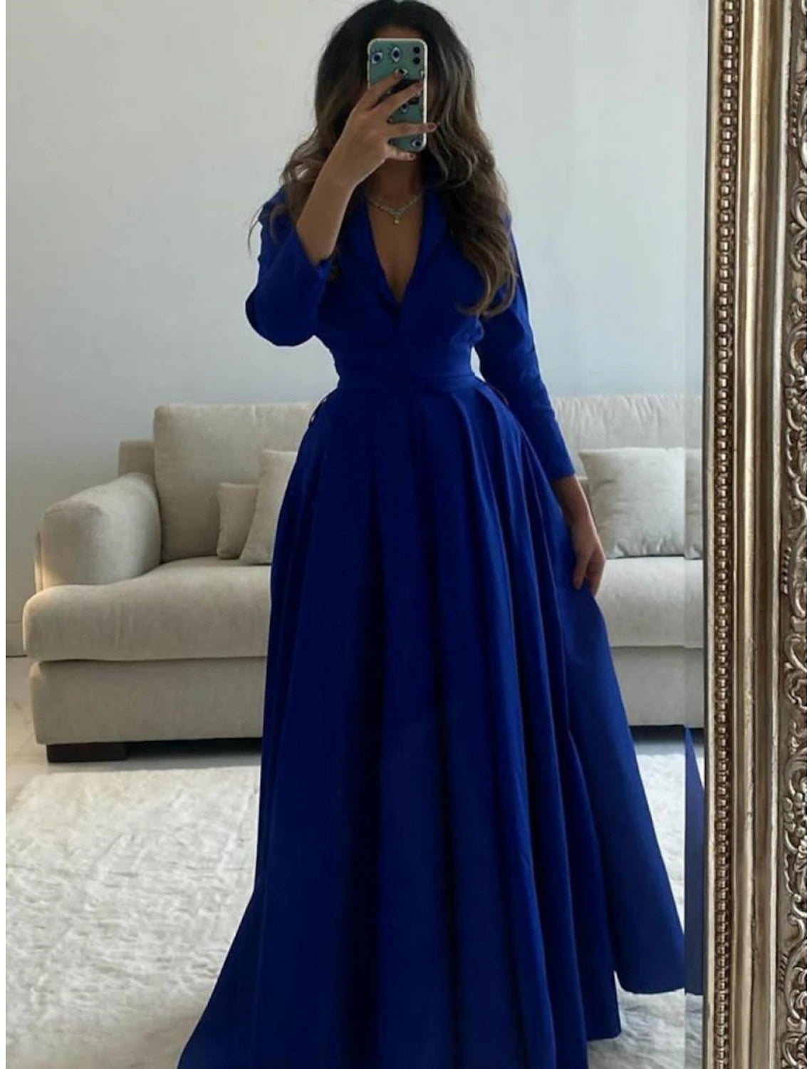 A-Line Evening Gown Elegant Dress Formal Christmas Floor Length 3/4 Length Sleeve V Neck Satin with Pleats