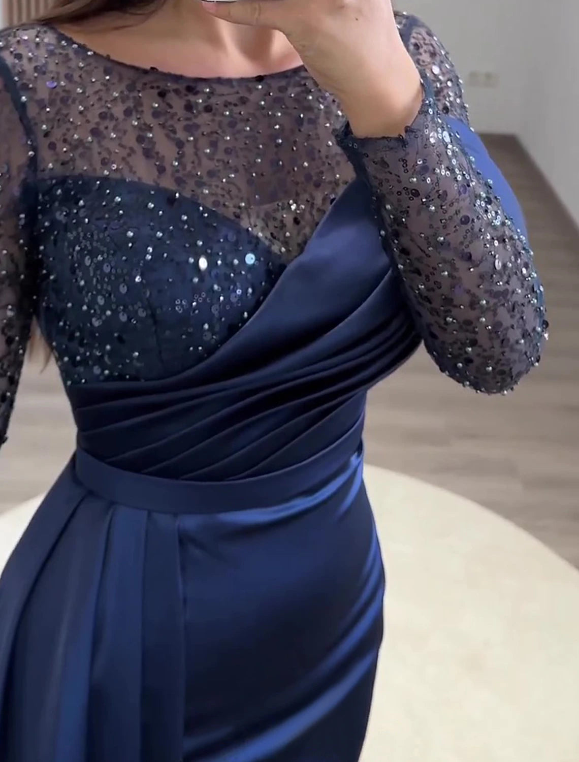 Mermaid / Trumpet Evening Gown Sparkle & Shine Dress Formal Wedding Guest Court Train Long Sleeve Jewel Neck Charmeuse with Ruched Pearls Sequin