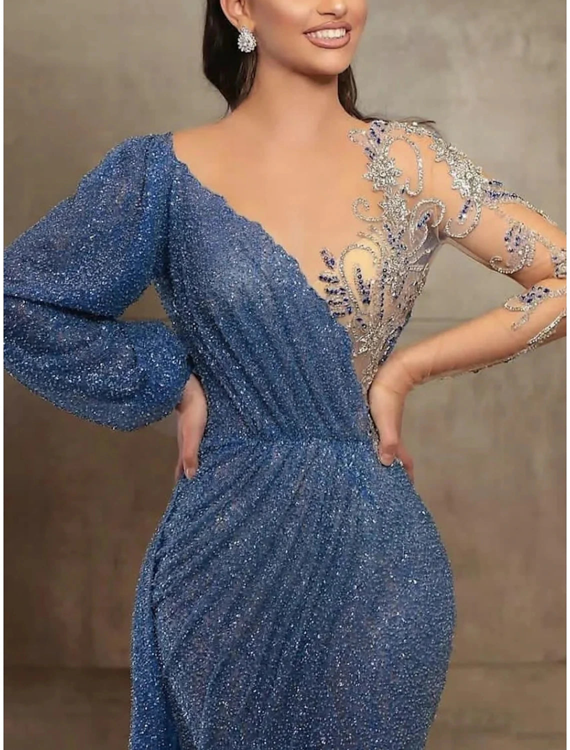 Mermaid / Trumpet Evening Gown Elegant Dress Formal Christmas Court Train Long Sleeve Illusion Neck Sequined with Pleats Sequin