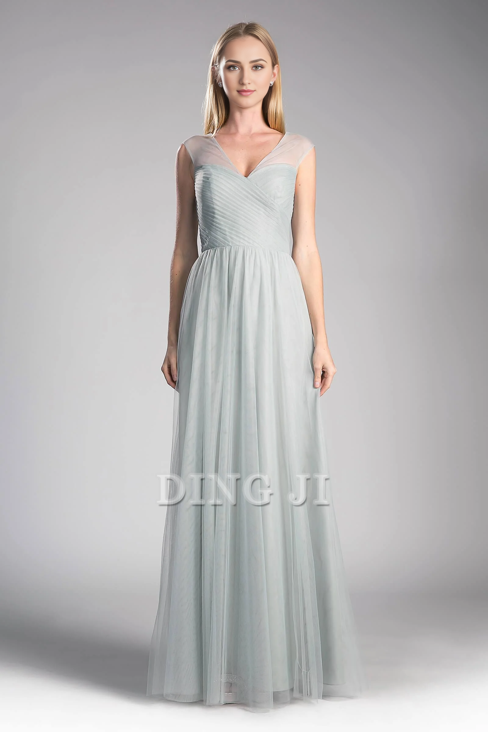 DingJiDress Bridesmaid Dresses Elegant Sleeveless Full Length Gown V-Neckline Sheer Mesh Shoulder Crisscross Gathered Sweetheart Bodice V Shaped Back Tulle Dresses Wedding Guests Dresses