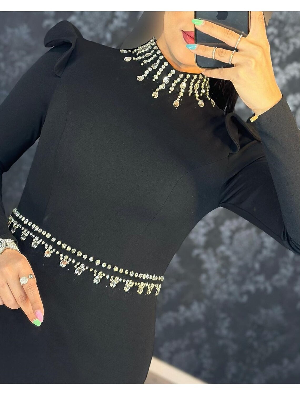 Mermaid Black Dress Evening Gown Elegant Dress Formal Masquerade Floor Length Long Sleeve High Neck Stretch Fabric with Rhinestone