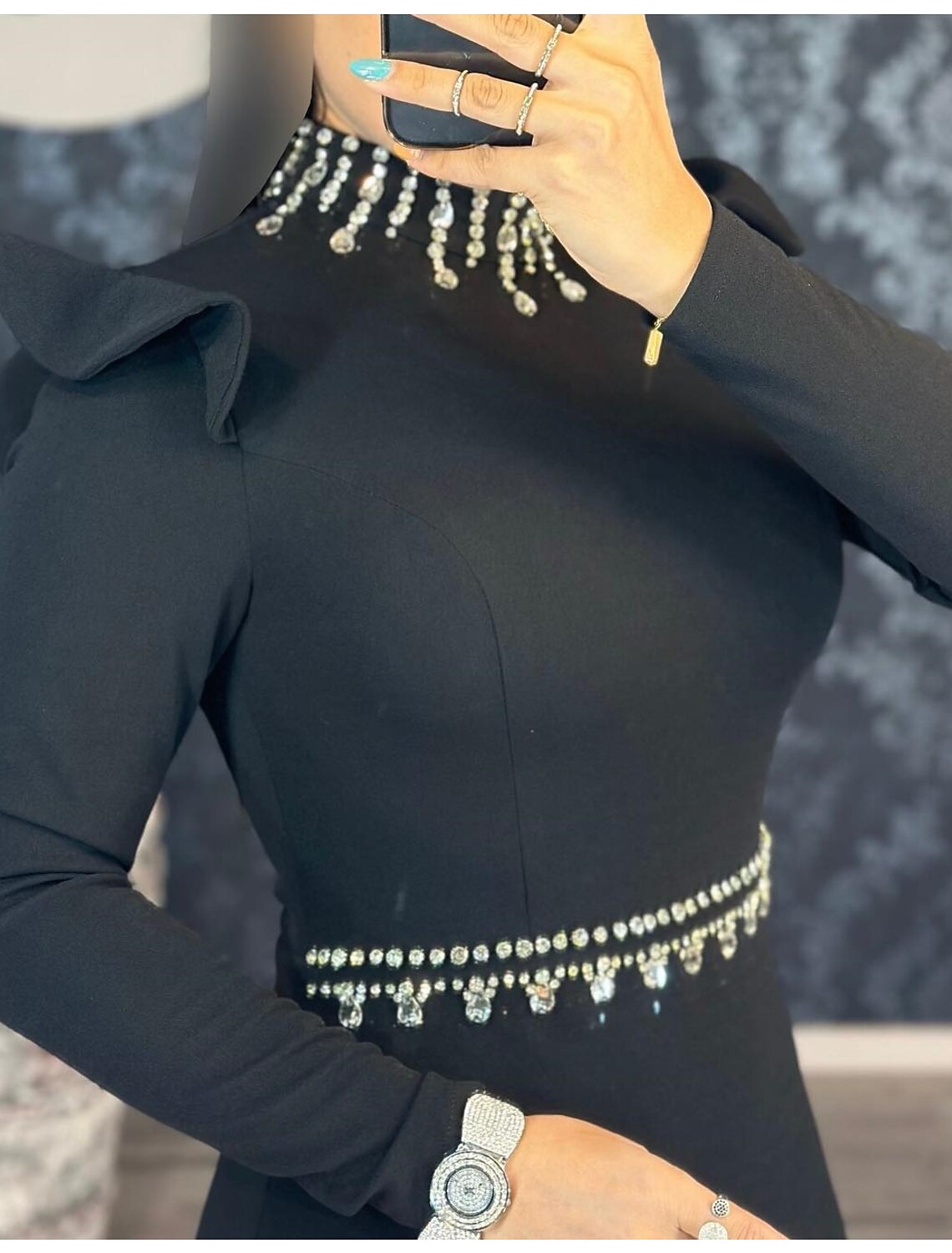 Mermaid Black Dress Evening Gown Elegant Dress Formal Masquerade Floor Length Long Sleeve High Neck Stretch Fabric with Rhinestone