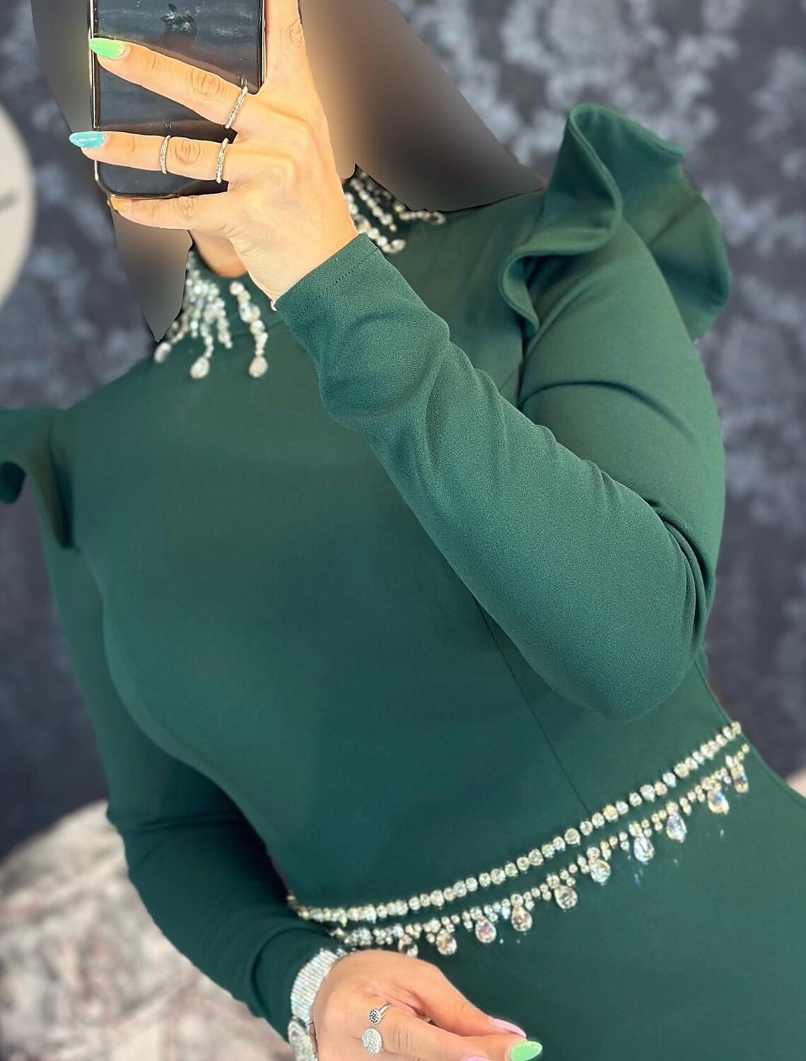 Mermaid Black Dress Evening Gown Elegant Dress Formal Masquerade Floor Length Long Sleeve High Neck Stretch Fabric with Rhinestone