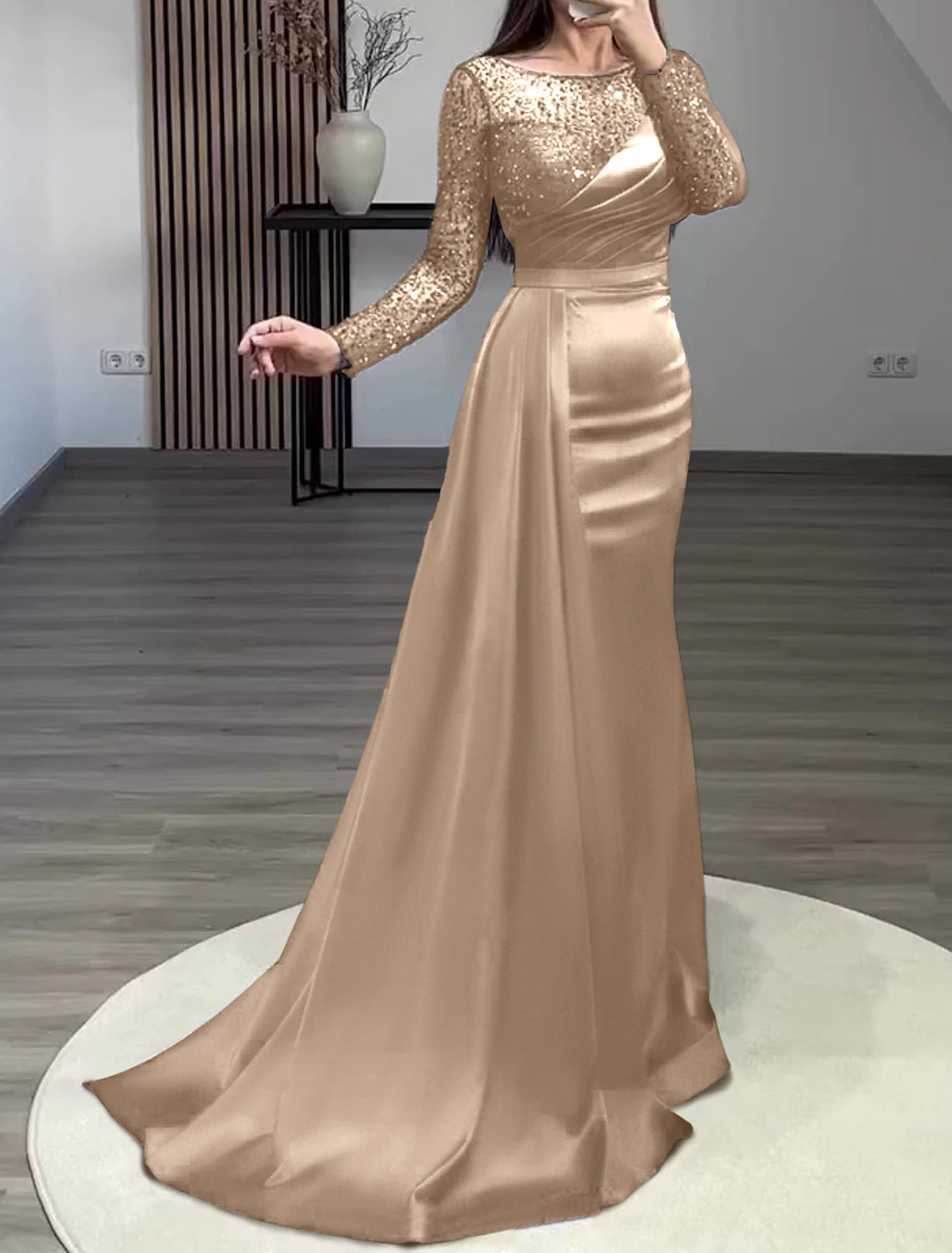 Mermaid / Trumpet Evening Gown Sparkle & Shine Dress Formal Wedding Guest Court Train Long Sleeve Jewel Neck Charmeuse with Ruched Pearls Sequin