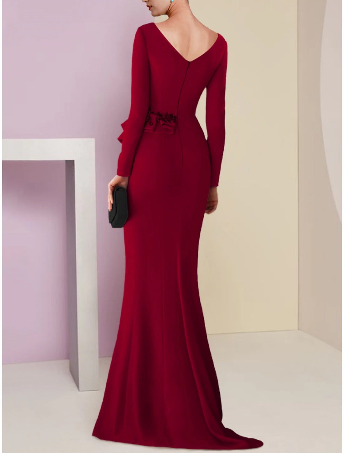 Mermaid / Trumpet Mother of the Bride Dress Wedding Guest Elegant V Neck Sweep / Brush Train Stretch Fabric Long Sleeve with Ruffles Appliques Ruching