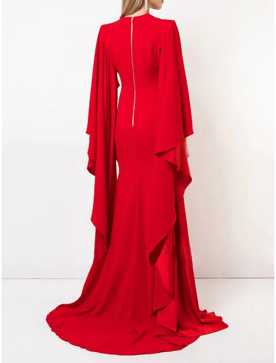 A-Line Evening Gown Elegant Dress Formal Sweep / Brush Train Long Sleeve Jewel Neck Stretch Chiffon with Pleats Ruffles