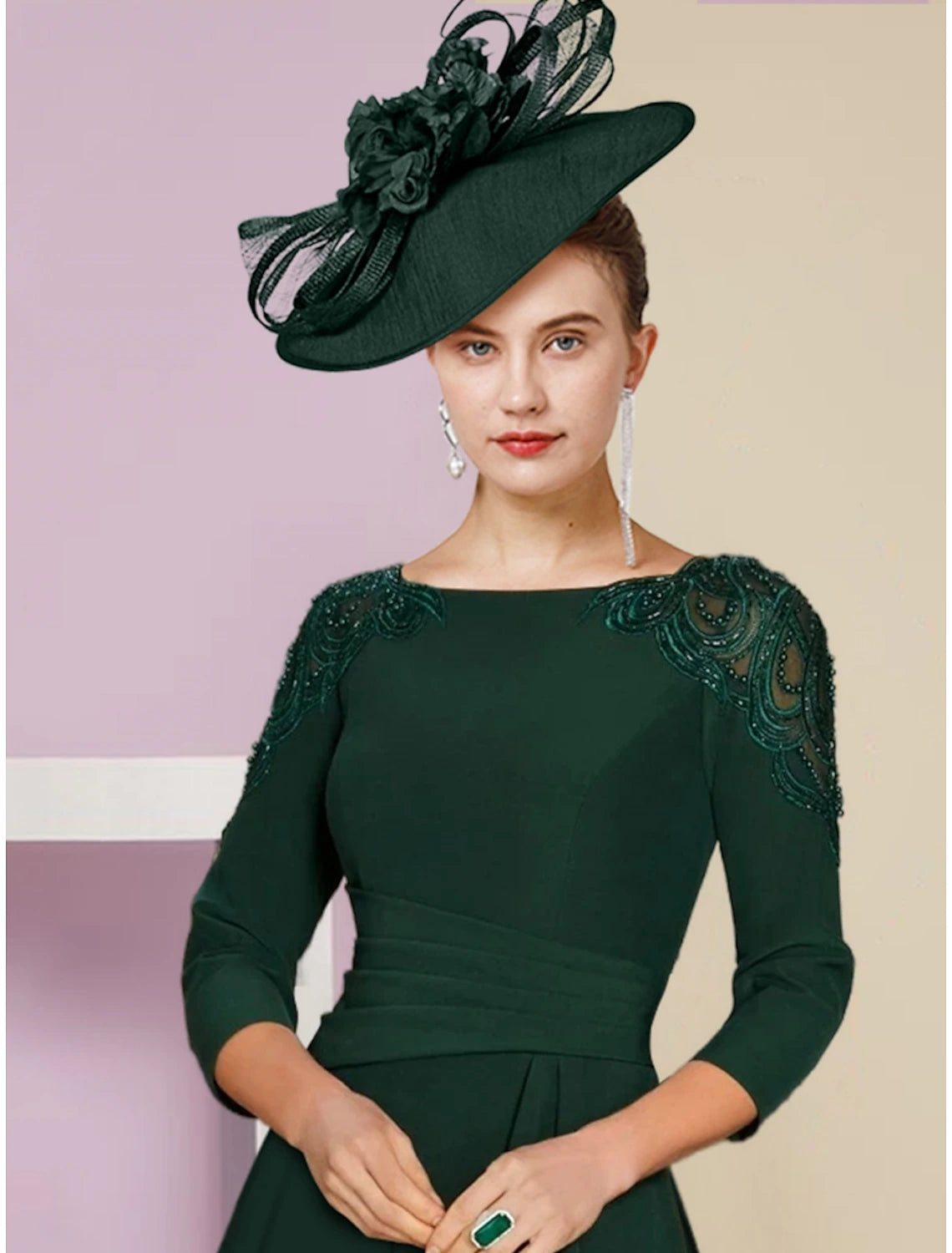 A-Line Mother of the Bride Dress Wedding Guest Elegant Scoop Neck Asymmetrical Stretch Chiffon 3/4 Length Sleeve with Sequin Ruching