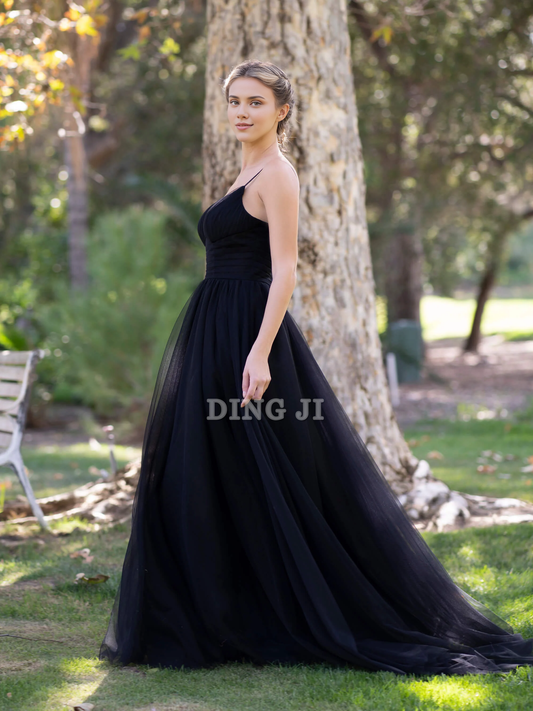 DingJiDress Evening Dress Spaghetti Strap Deep V-neck Tulle Sweep Train Prom Dress Romantic Formal Wear Dresses Wedding Guest Dresses