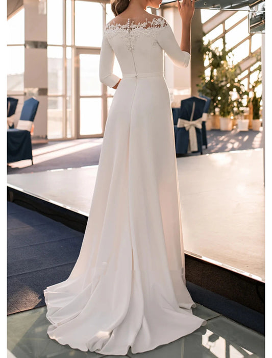 DingJiDress Engagement Formal Wedding Dresses A-Line Off Shoulder 3/4 Length Sleeve Sweep / Brush Train Lace Bridal Gowns With Appliques