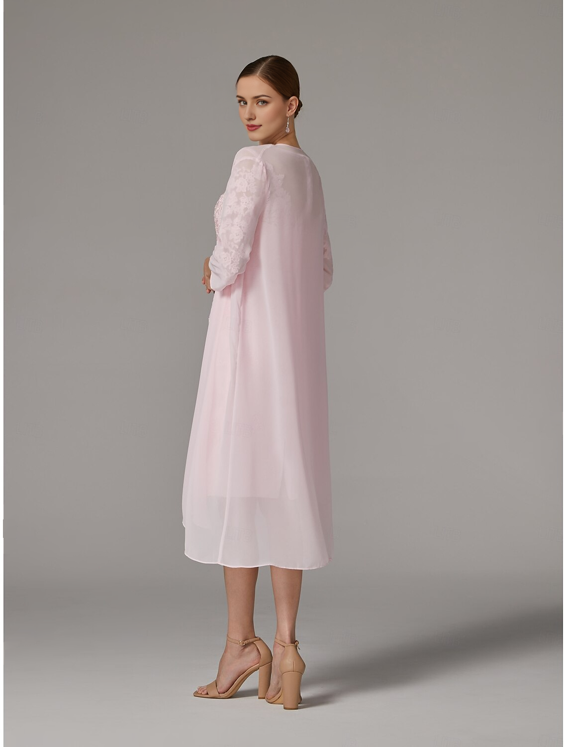DingJiDress November December Autumn Winter Wedding Guest Dress Two Piece Sheath / Column Dress Suit Elegant Vintage Plus Size Bateau Neck Knee Length Chiffon Lace 3/4 Length Sleeve Jacket Dresses with Appliques Mother of the Groom / Bride Dresses