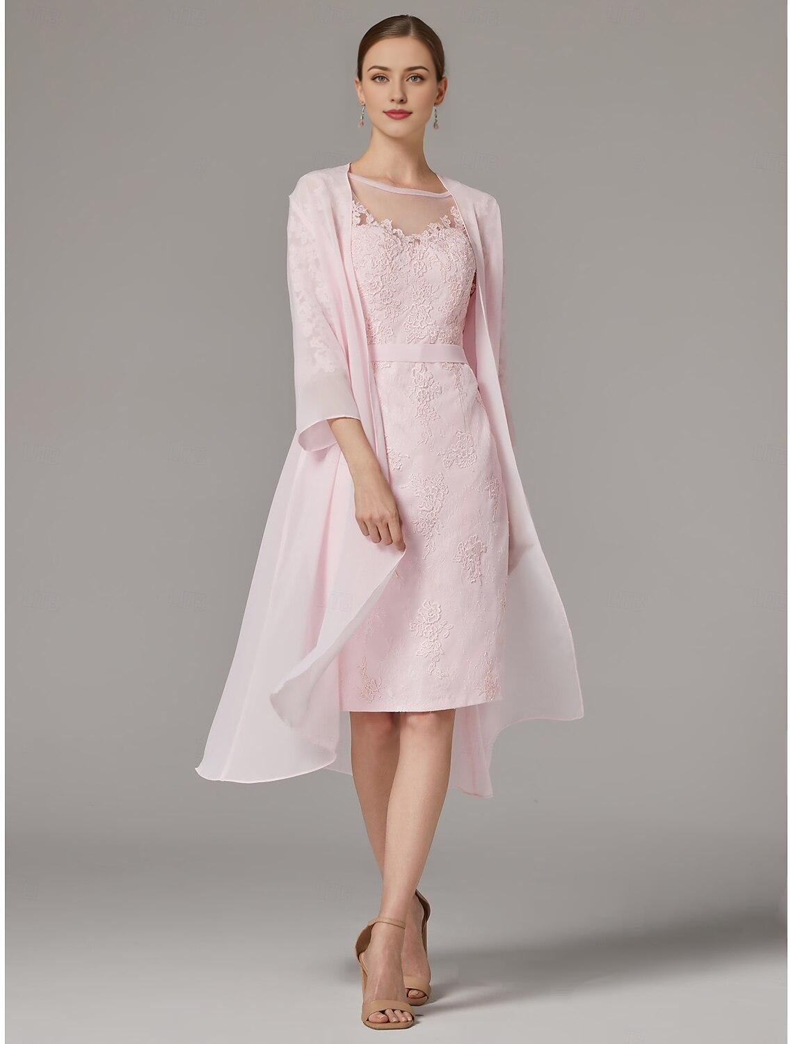 DingJiDress November December Autumn Winter Wedding Guest Dress Two Piece Sheath / Column Dress Suit Elegant Vintage Plus Size Bateau Neck Knee Length Chiffon Lace 3/4 Length Sleeve Jacket Dresses with Appliques Mother of the Groom / Bride Dresses