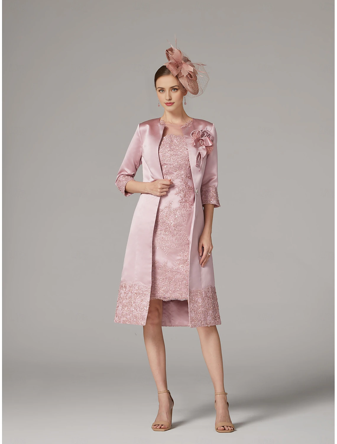 DingJiDress November December Autumn Winter Wedding Guest Dress Sheath / Column Dress Suit Vintage Plus Size Jewel Neck Knee Length Satin Lace 3/4 Length Sleeve Jacket Dresses with Appliques Mother of the Groom / Bride Dresses