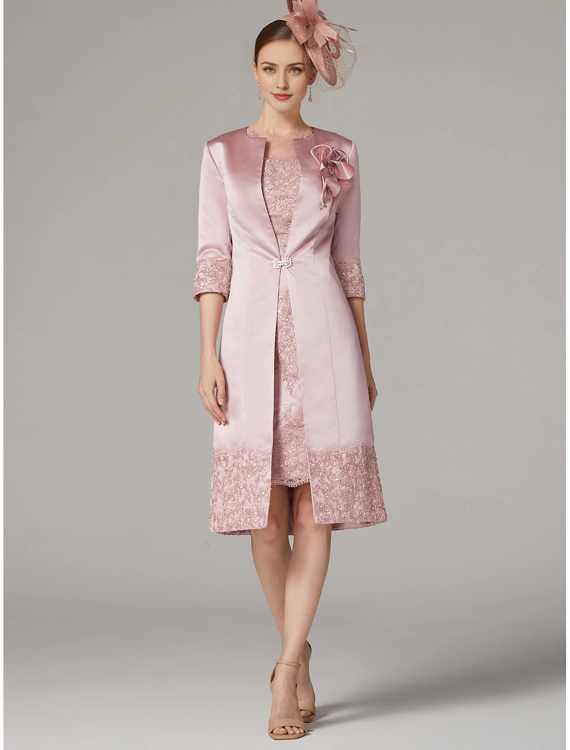 DingJiDress November December Autumn Winter Wedding Guest Dress Sheath / Column Dress Suit Vintage Plus Size Jewel Neck Knee Length Satin Lace 3/4 Length Sleeve Jacket Dresses with Appliques Mother of the Groom / Bride Dresses