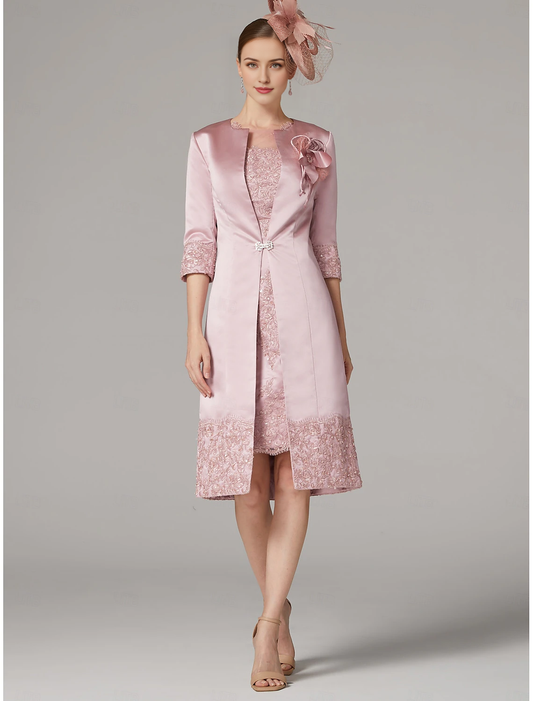 DingJiDress November December Autumn Winter Wedding Guest Dress Sheath / Column Dress Suit Vintage Plus Size Jewel Neck Knee Length Satin Lace 3/4 Length Sleeve Jacket Dresses with Appliques Mother of the Groom / Bride Dresses