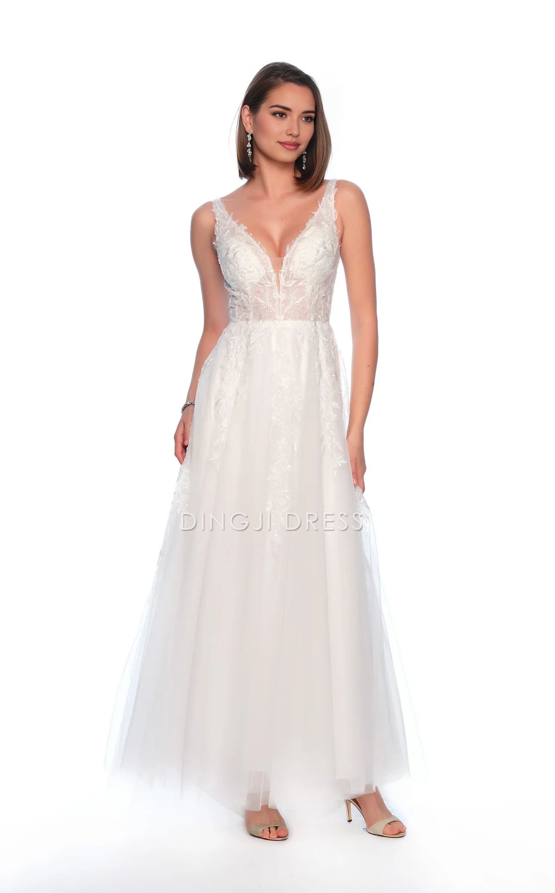 DingJiDress Hot Sale Wedding Dress Charming A Line Deep V Neck Sleeveless Lace Applique Backless Romantic Formal Wear Dresses