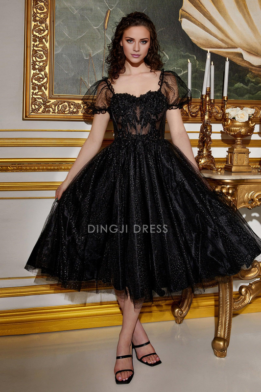 DingJiDress High Quality Dress Evening Dress Sparkle A Line Sweetheart Neckline Short Sleeve Lace Applique Tea-Length Prom Dress