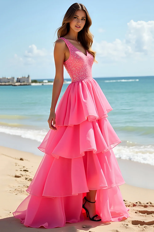 DingJiDress High Quality Dress Exquisite A Line V Neck Backless Tiered Ruched Fashion Long Prom Dress