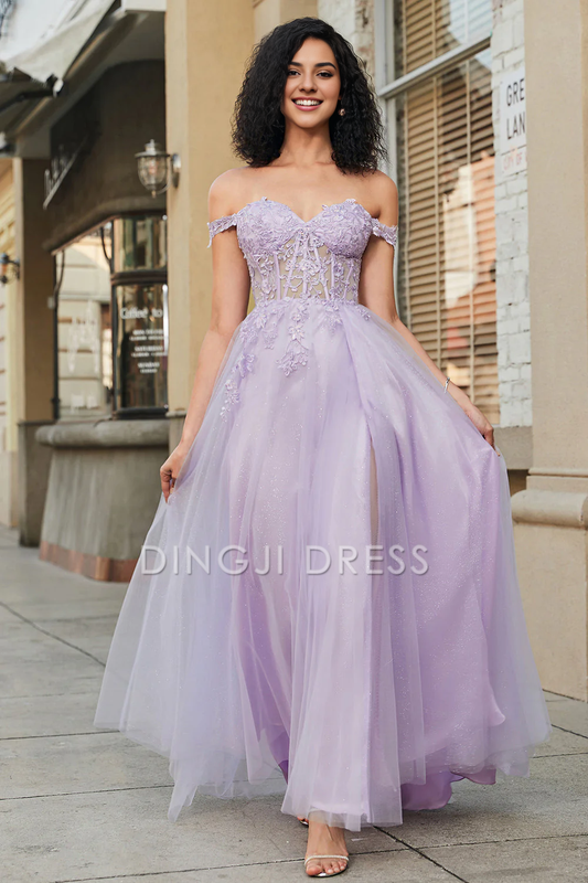 DingJiDress High Quality Dress Evening Dress Gorgeous A Line Sweetheart Off The Shoulder Corset With Lace Appliques Long Prom Dress