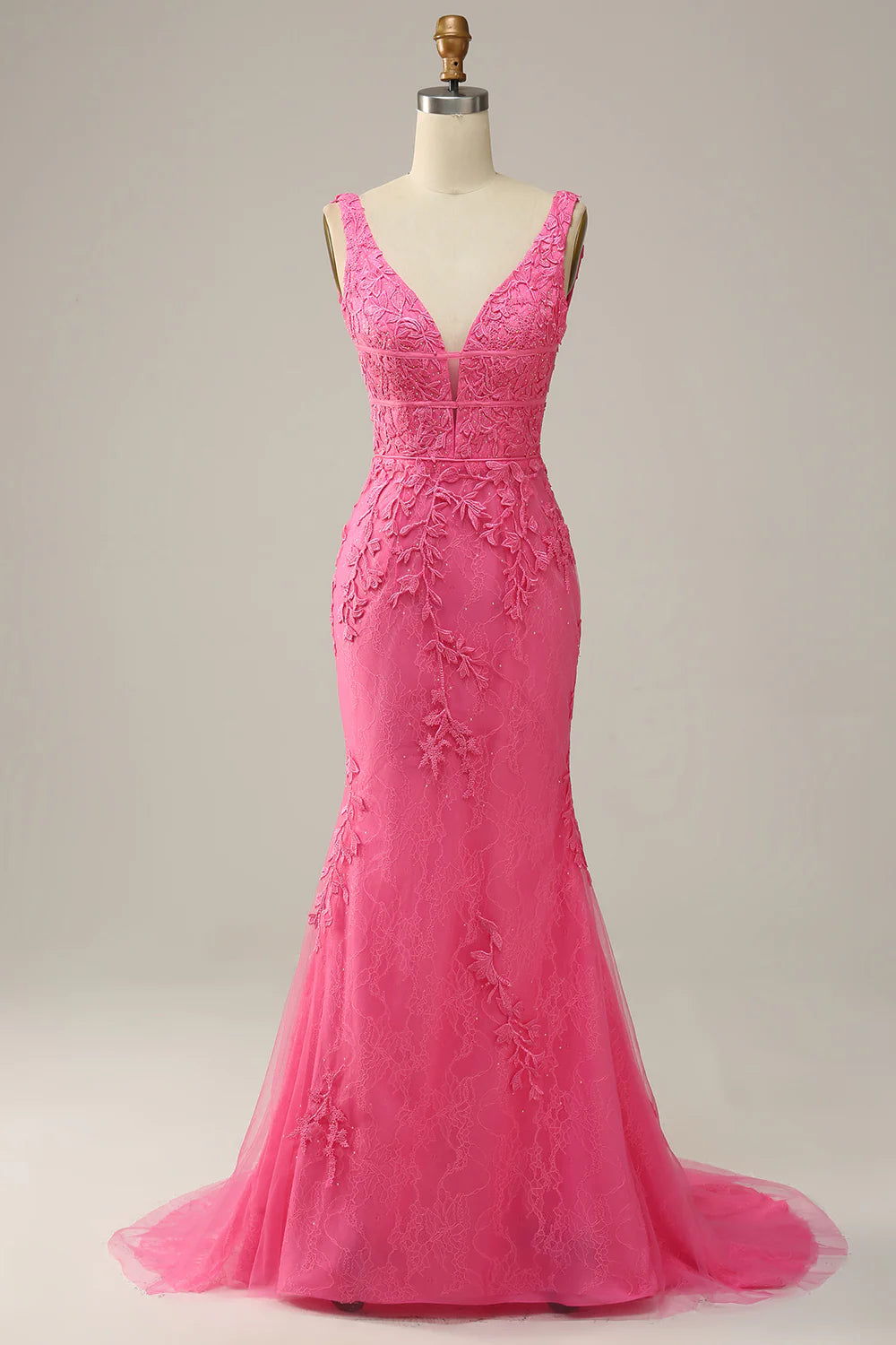 DingJiDress Mermaid Deep V Neck Hot Pink Long Prom Dress with Open Back