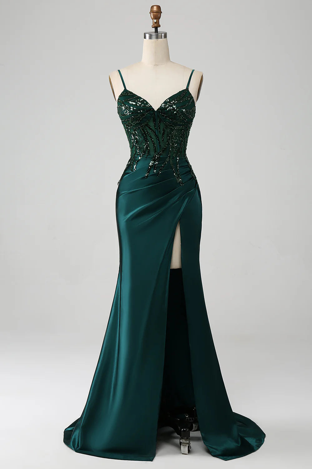 DingJiDress Sparkly Dark Green Mermaid Sequin Pleated Corset Prom Dress With Slit
