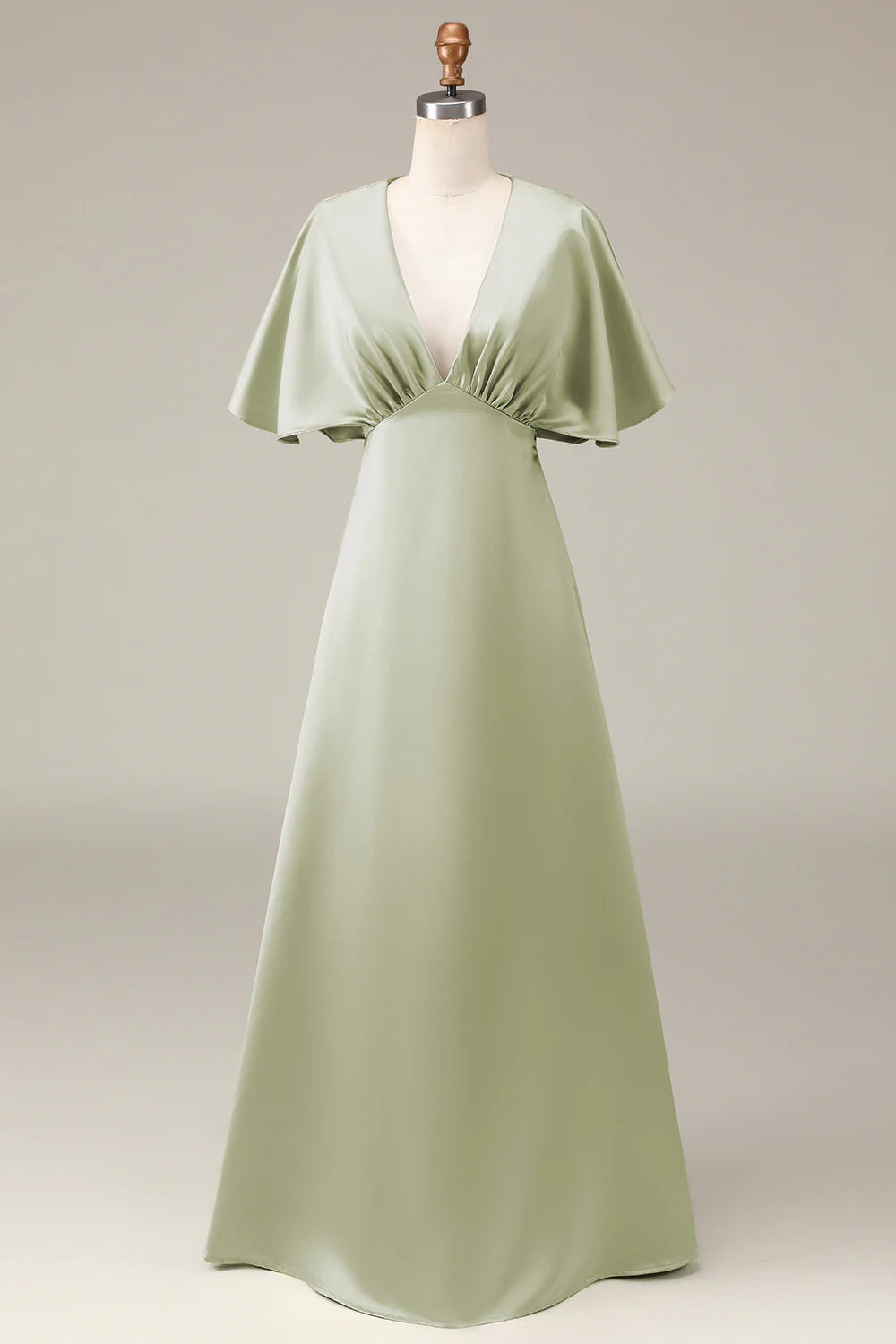 DingJiDress Dusty Sage V-neck Short Sleeves A-line Satin Bridesmaid Dress