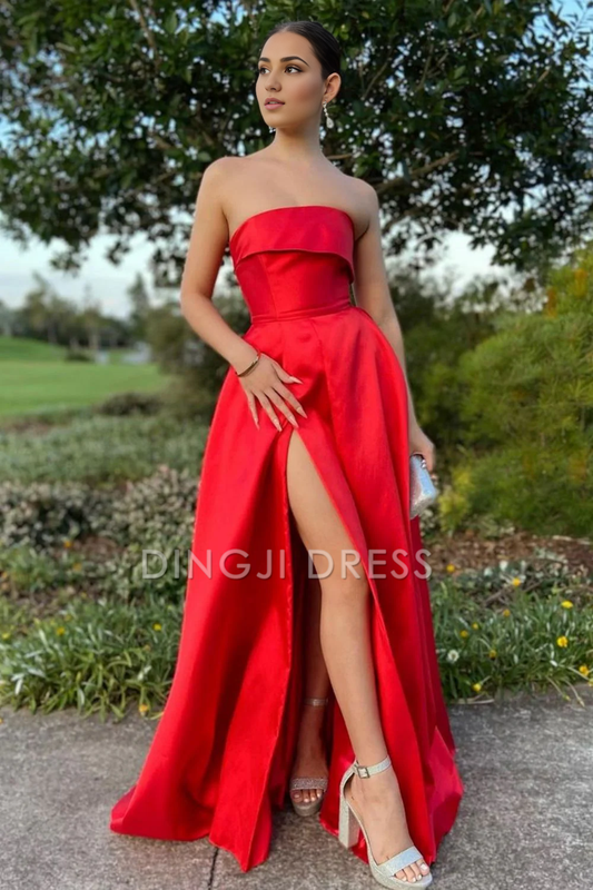 DingJiDress Trendy A Line Strapless Long with Split Front Elegant Prom Dress
