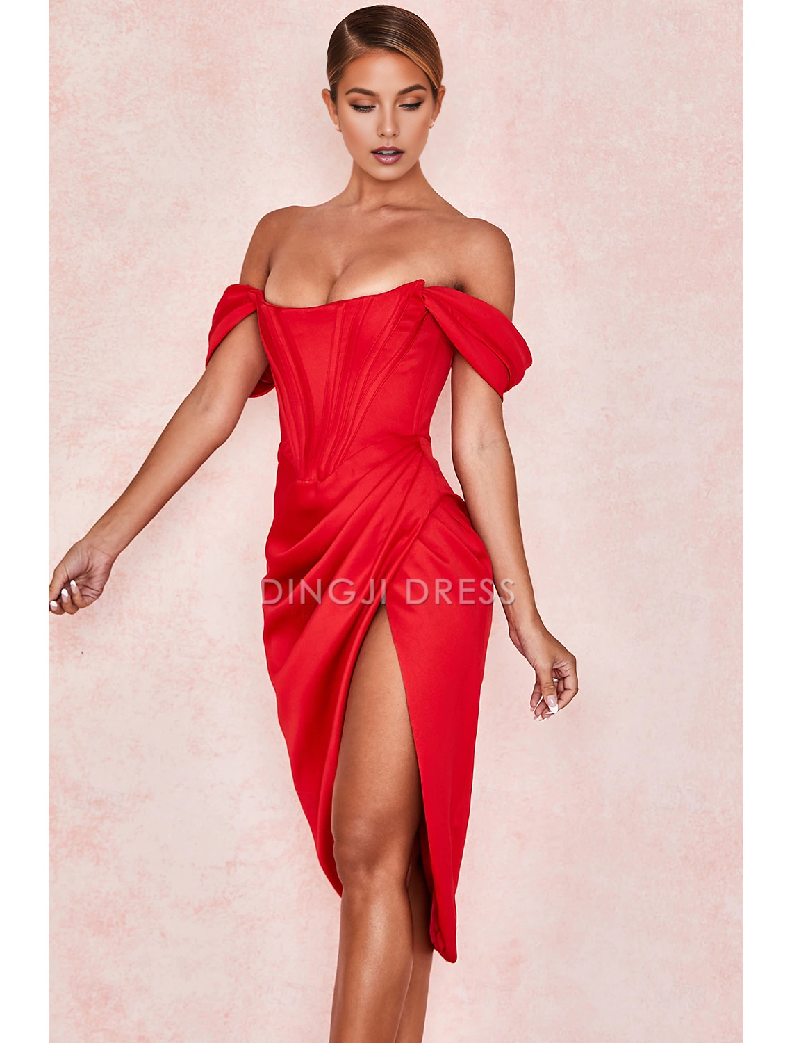 DingJiDress Hot Sale Short Prom Dress Sheath Cocktail Elegant Holiday Sleeveless Off Shoulder Pleats Slit Dress Masquerade Dress Charming New Homecoming Dress