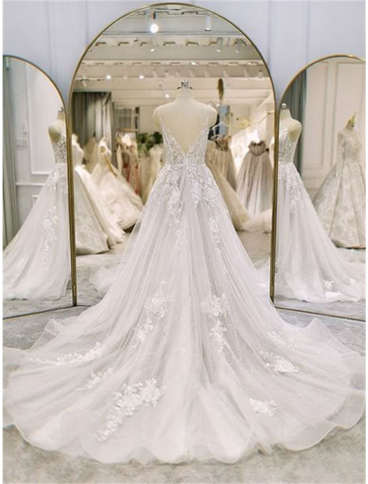 Engagement Formal Wedding Dresses A-Line Sleeveless Strap Lace With Ruffles Appliques