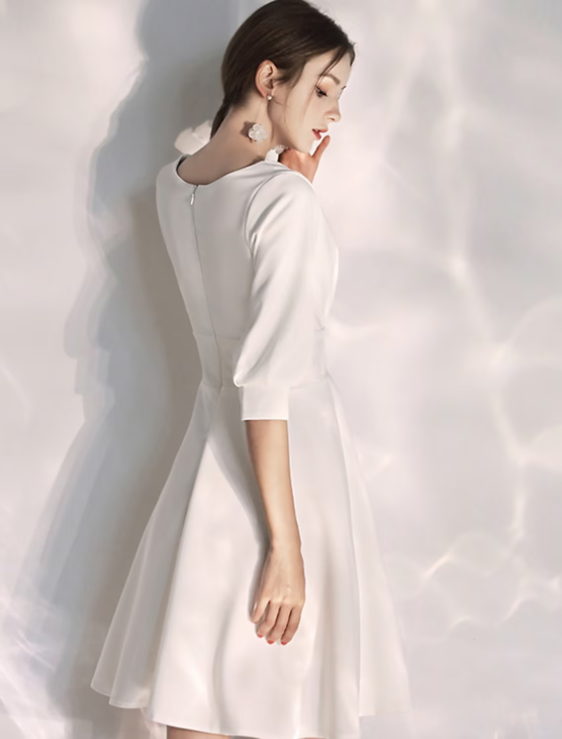 Bachelorette Party Little White Dresses Wedding Dresses Knee Length A-Line Half Sleeve V Neck Stretch Fabric