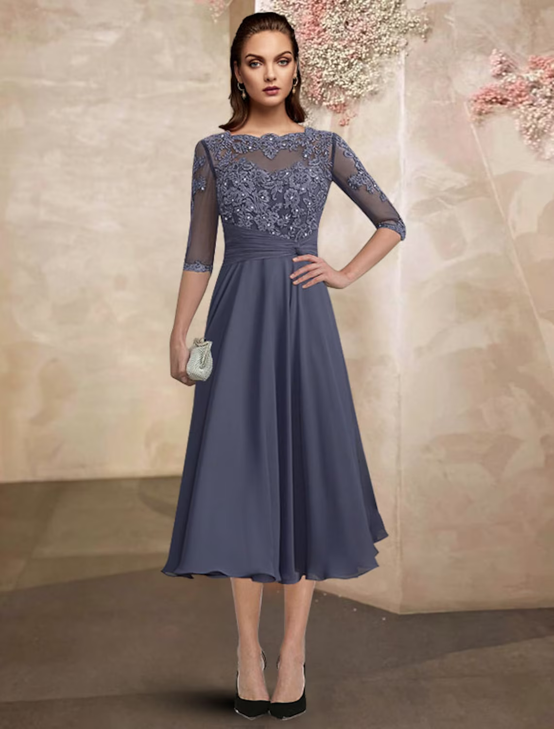 A-Line Mother of the Bride Dress Plus Size Elegant Tea Length Chiffon Lace Half Sleeve with Ruched Beading Appliques