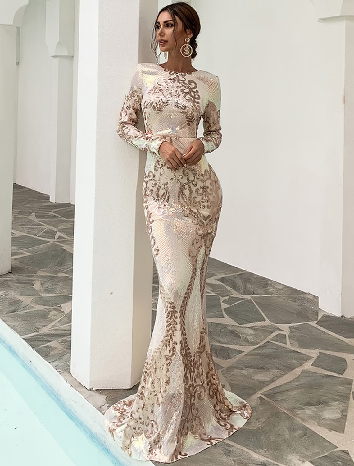 Evening Gown Sexy Dress Formal Long Sleeve Jewel Neck Polyester Backless with Sequin