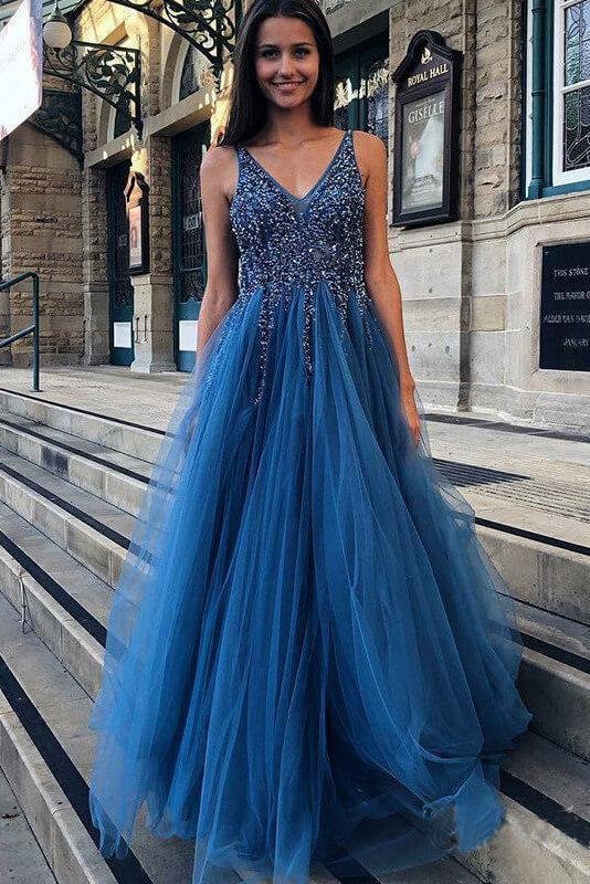 DingJiDress A Line Prom Dresses Backless V Neck Tulle Long Vintage Beading