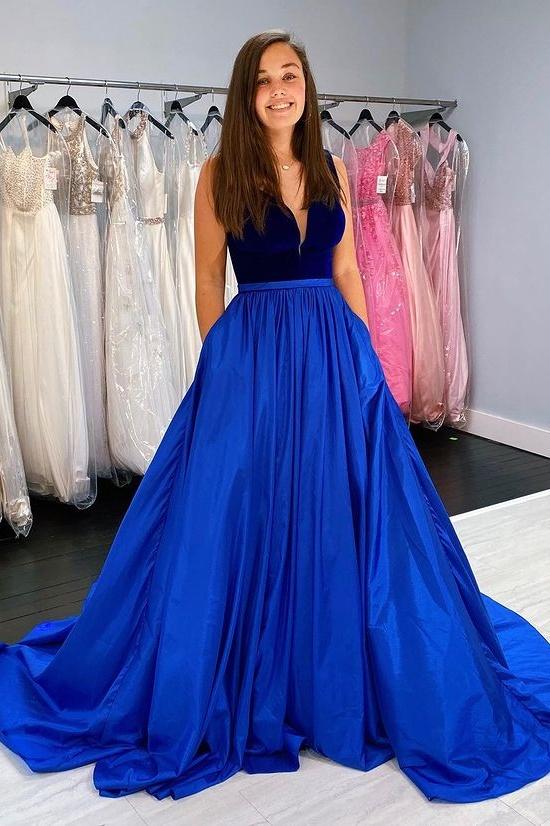 DingJiDress A-Line Evening Dresses Deep V Neck Royal Blue Sleeveless Taffeta Long Prom Dresses
