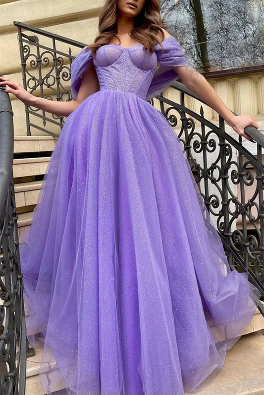 DingJiDress A Line Prom Dresses Off The Shoulder Sequins Tulle With Slit