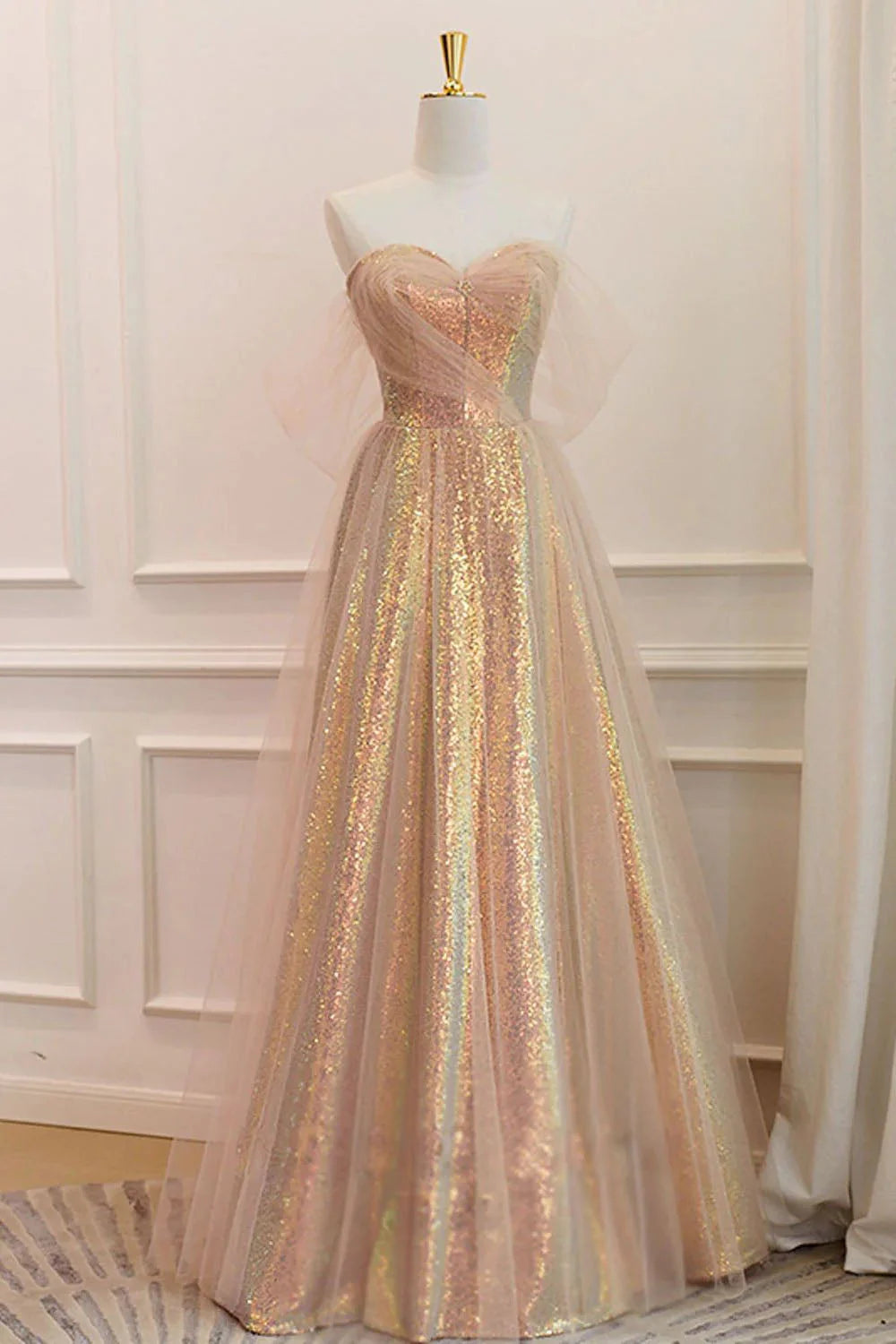 DingJiDress Long Prom Dress A Line Off the Shoulder Champagne Sequins