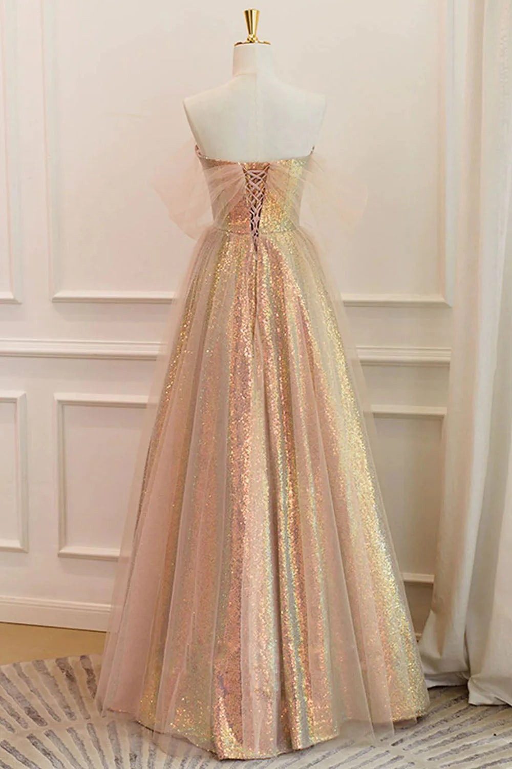 DingJiDress Long Prom Dress A Line Off the Shoulder Champagne Sequins