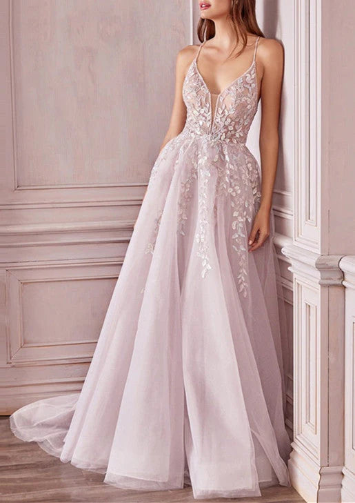 DingJiDress Prom Dresses A-Line/Princess Sleeveless V-Neck Floor-Length Applique Tulle