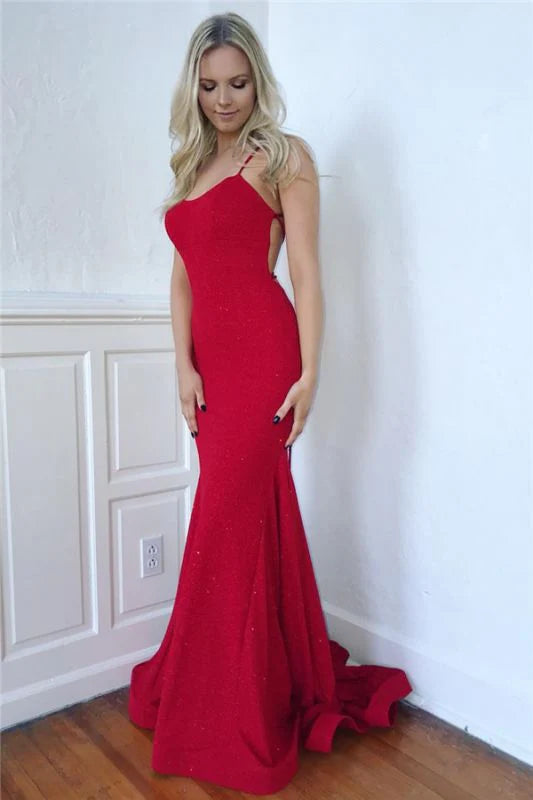 DingJiDress A-Line Prom Dresses Long Sheath Lace Up Spaghetti Straps Front Sleeveless