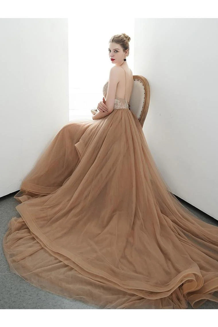 DingJiDress Formal Evening Dress A-Line Spaghetti Straps Tulle Long Appliques Prom Dresses