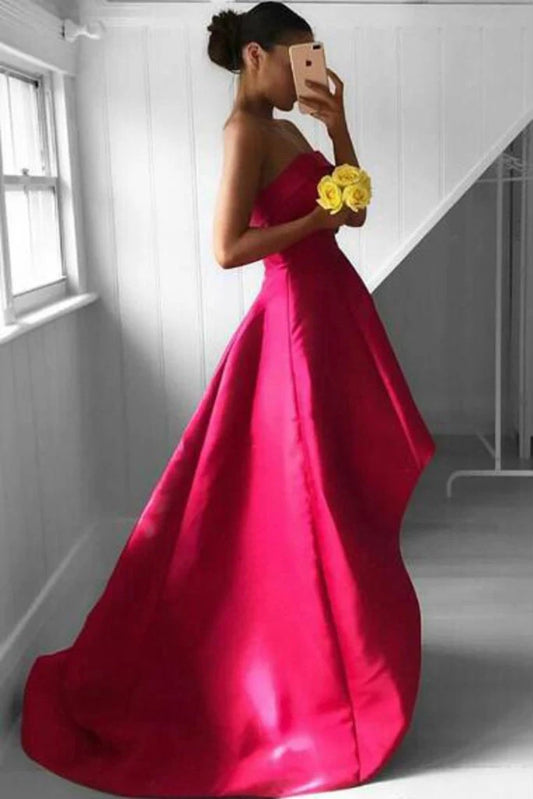 DingJiDress A Line Prom Dresses Strapless Satin Asymmetrical Zipper Up
