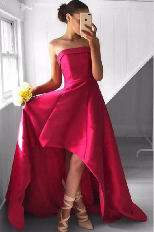 DingJiDress A Line Prom Dresses Strapless Satin Asymmetrical Zipper Up