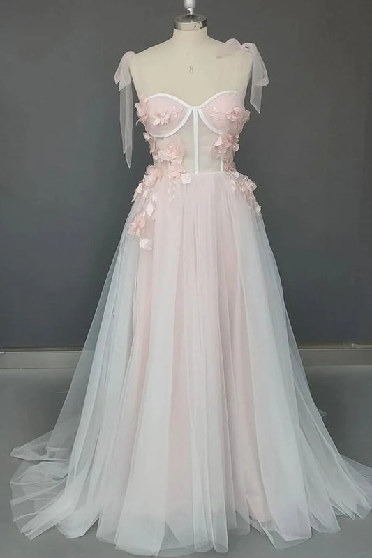 Prom Dresses A-Line Sweetheart Tulle Applique Open Back Long with Flowers