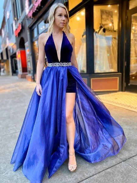 DingJiDress A Line Prom Dresses V-Neck Backless With Beading Belt Evening Gown