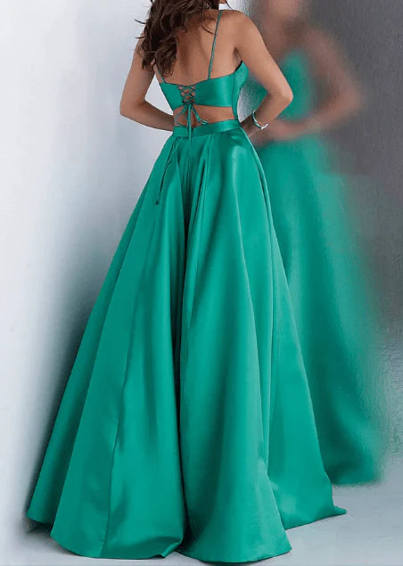 DingJiDress A Line Prom Dresses V Neck Light Blue Satin With Pockets Sleeveless