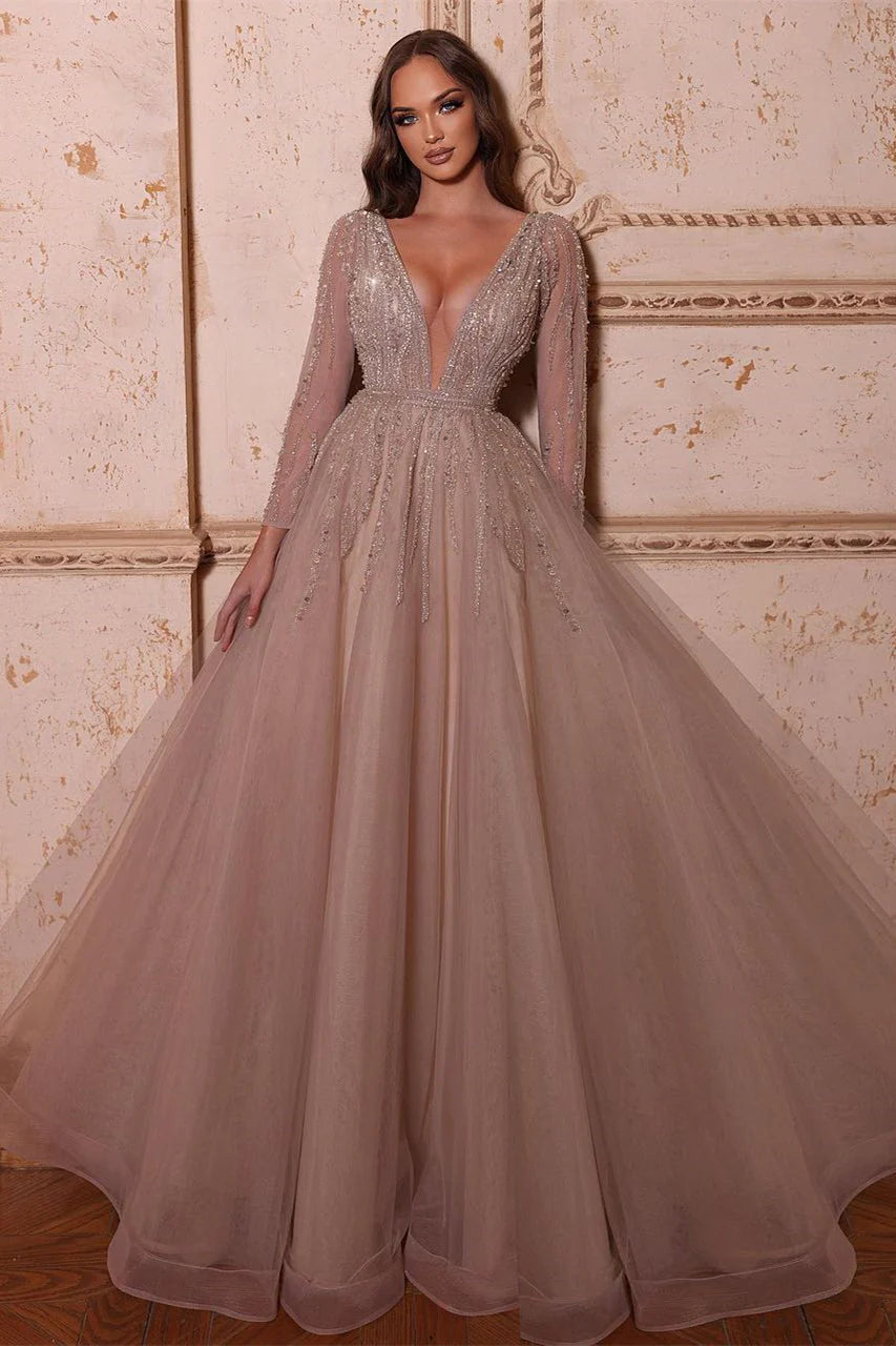 Prom Dresses A-Line V-Neck Long Sleeves Tulle Crystal Sequined Beading