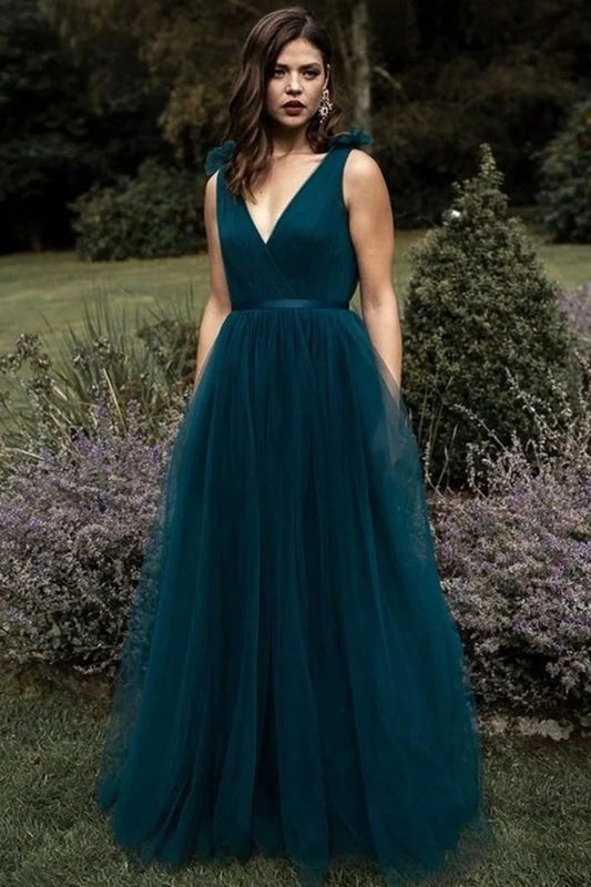 DingJiDress Long Prom Dress Formal Evening Dress A Line V Neck and V Back V Neck Open Back